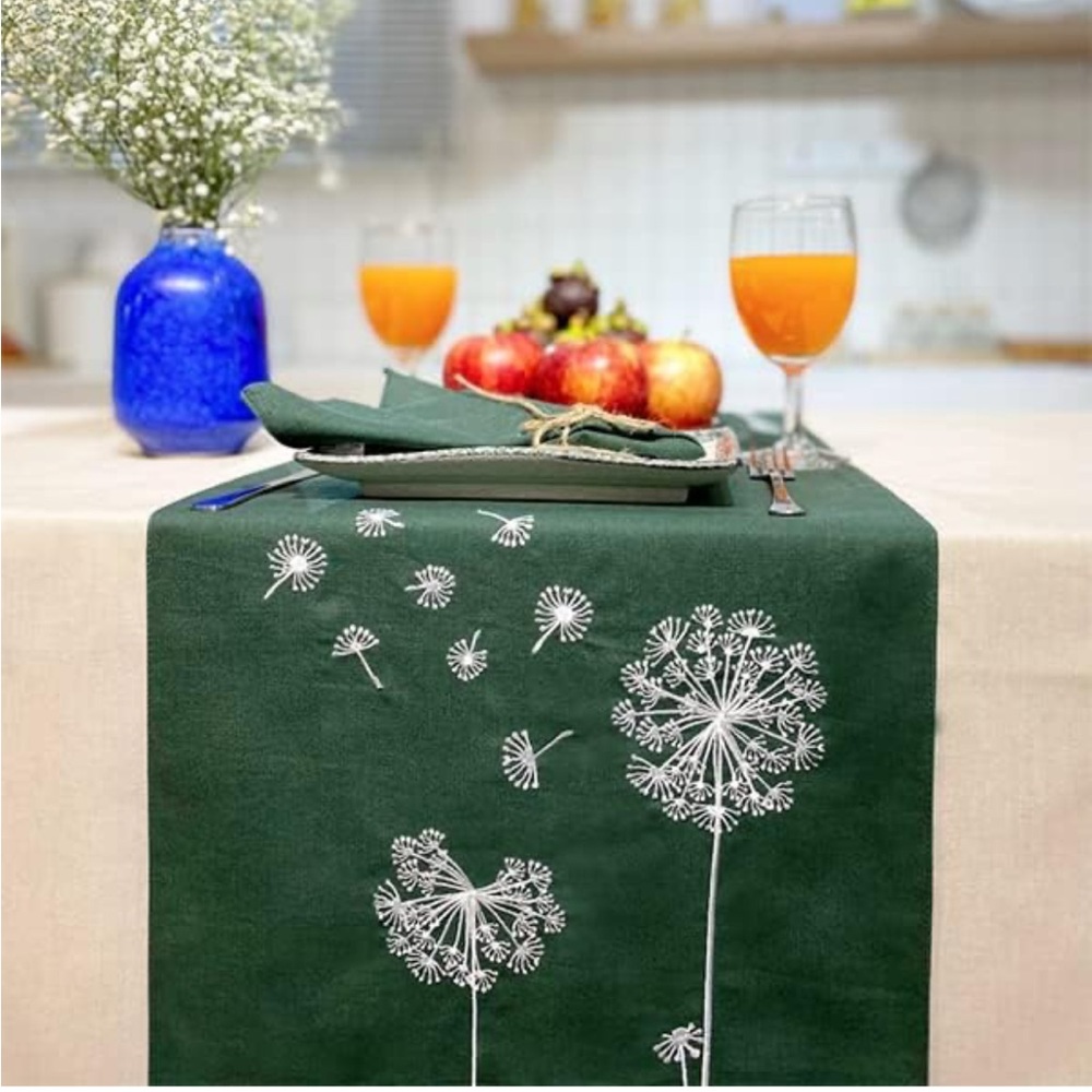NWOT Pure Linen Table Runner Embroidered Green Table Runner dandelion